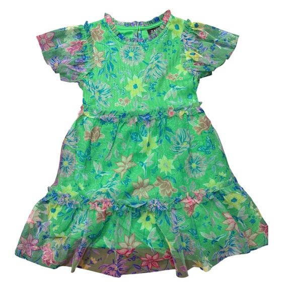 ZAC Kids Floral Dress Ruffle Flower Tiered Green Blue Pink Dress Size XS 4-5 New - Picture 1 of 5